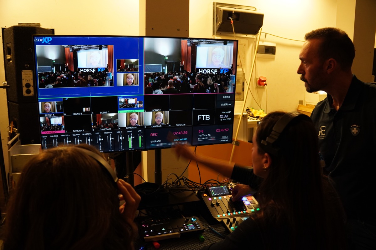 Regia video di Horse XP: multiview delle camere e banco di missaggio con la troupe al lavoro